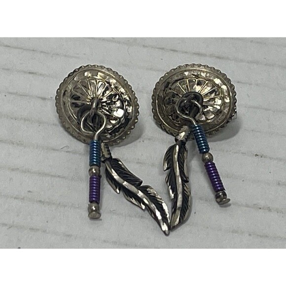 Vintage Sterling Silver 925 Native American Concho Feather Earrings Navajo - Picture 1 of 6